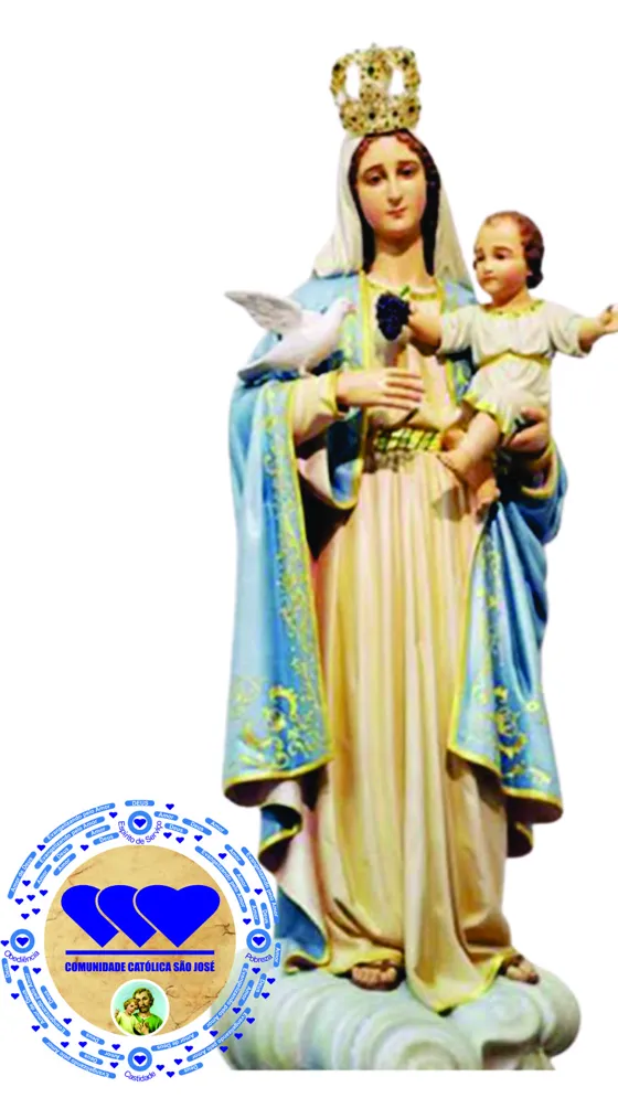 Imagem de Nossa Senhora da Esperança, coroada, com o Menino Jesus no braço e uma pomba no ombro